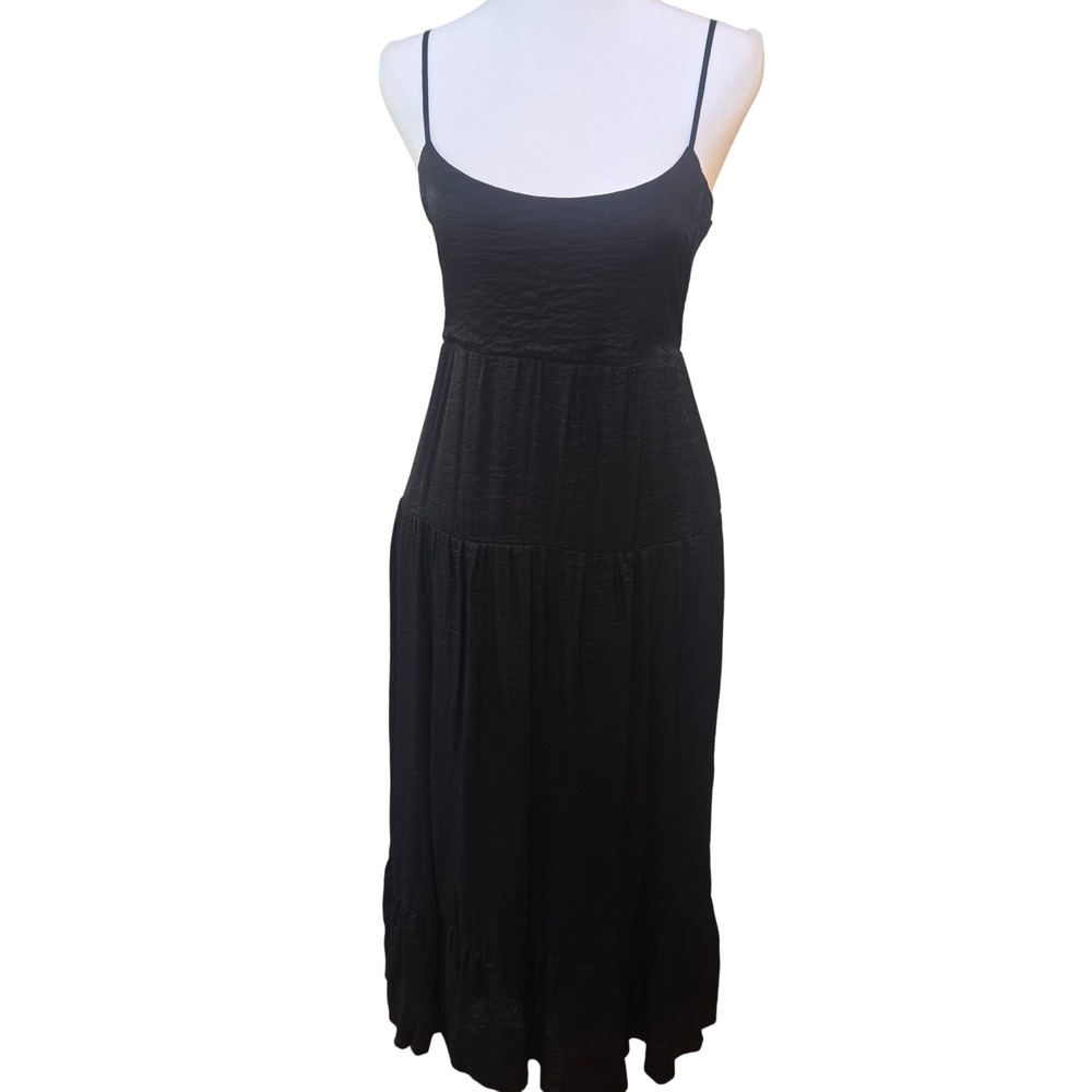 Moon‎ River Black Tiered Midi Dress Open Back Tie Adjustable Straps Size L